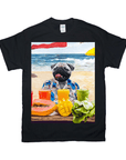 Black Gildan t-shirt featuring a pug in a Hawaiian shirt on a beach, with fruit and drinks.