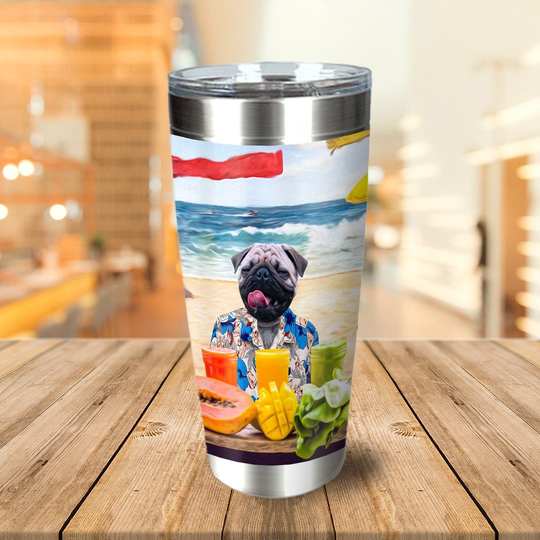 Personalized stainless steel tumbler with a cartoon pug dog in a Hawaiian shirt on a beach.