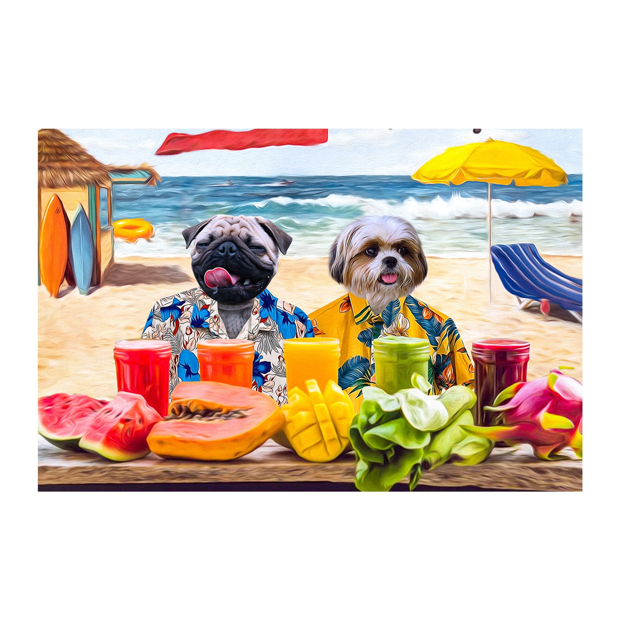 Custom digital portrait of two dogs in Hawaiian shirts on a beach with tropical fruits and drinks.