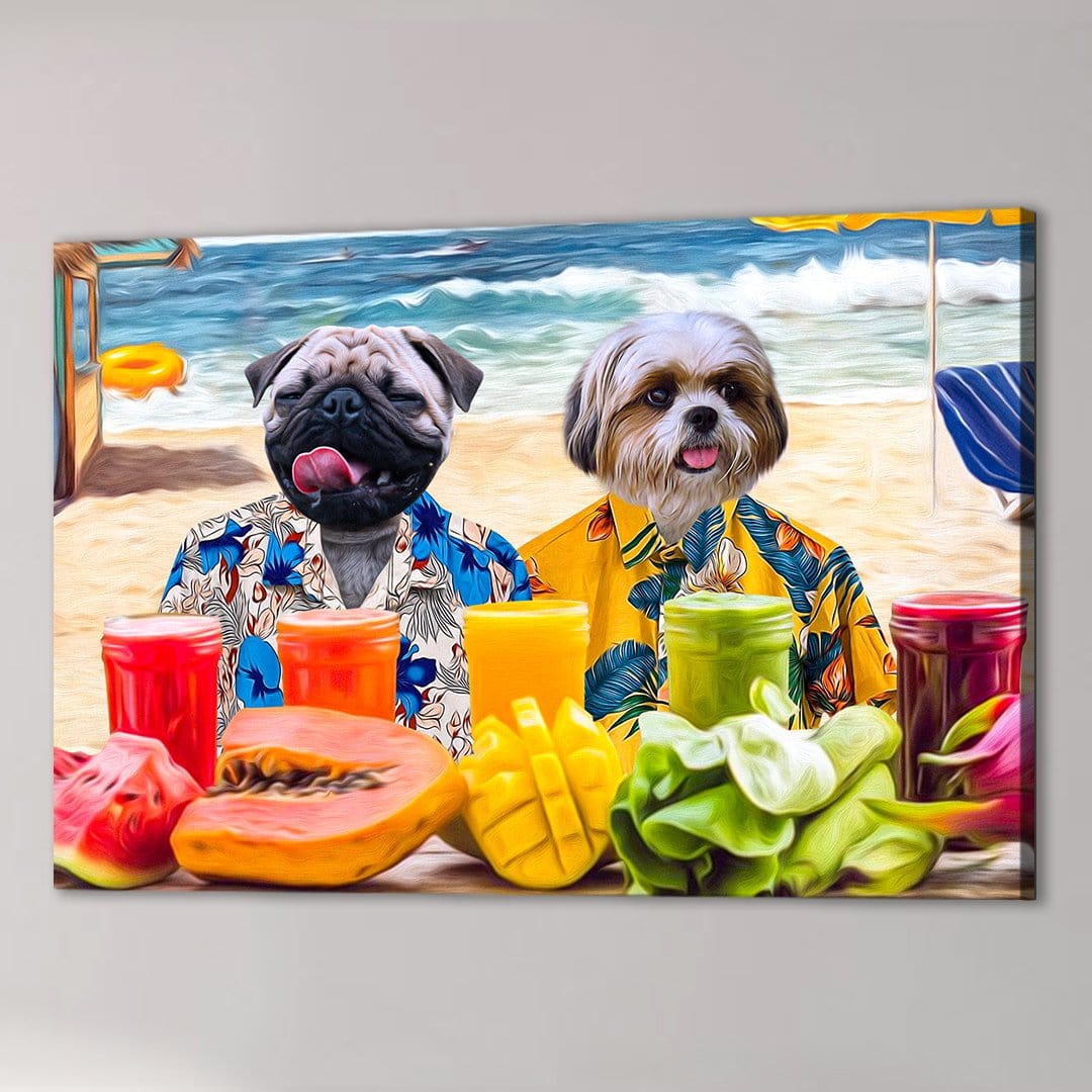 Personalized canvas featuring a pug and shih tzu in Hawaiian shirts on a beach with tropical drinks and fruit.