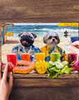 Personalized 2 pet puzzle featuring a pug and shih tzu in Hawaiian shirts on a beach, with drinks and fruit.