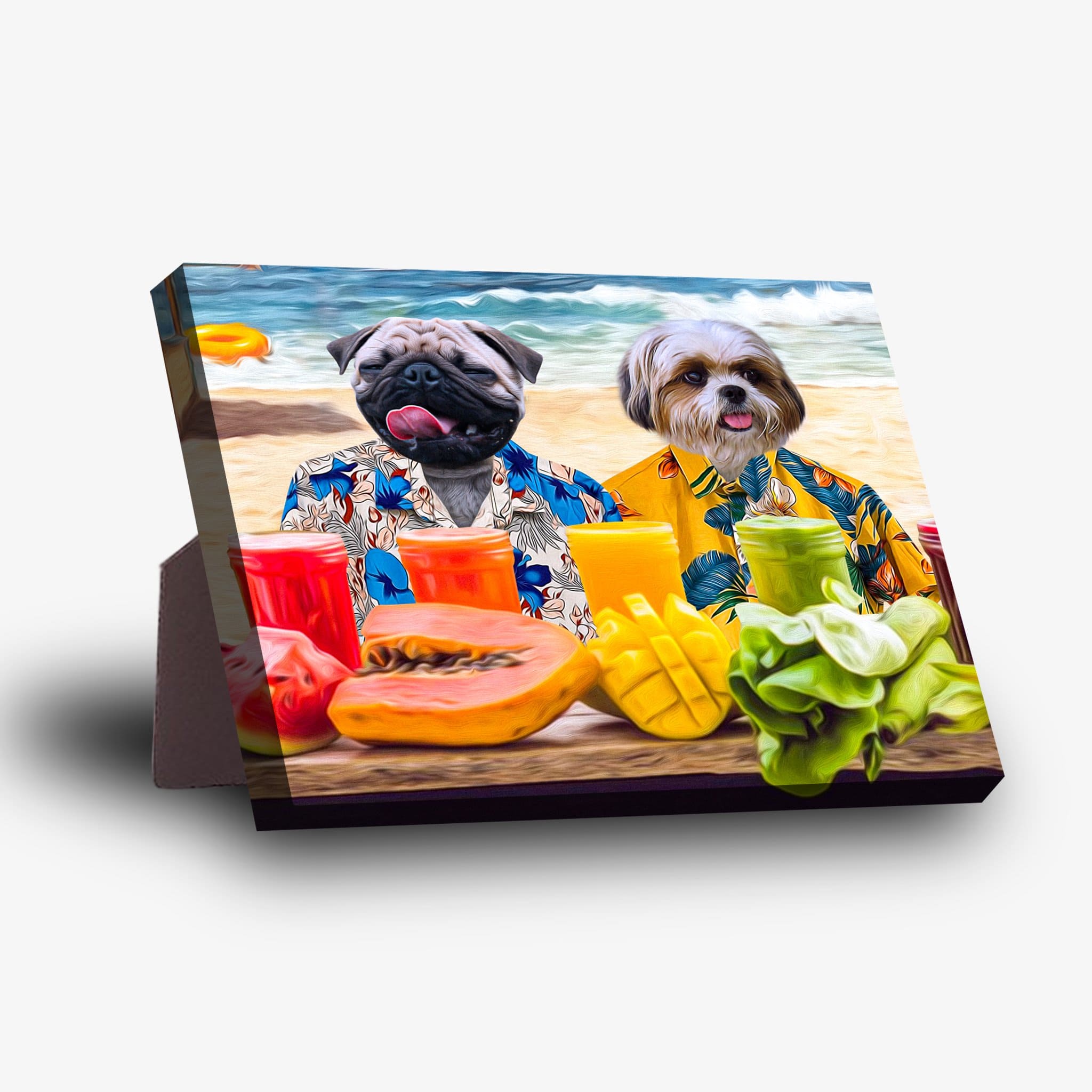 Personalized 'Beach Dogs' standing canvas featuring two pets in Hawaiian shirts on a beach with tropical fruits and drinks.