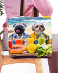Personalized 2 pet tote bag with a pug and shih tzu in Hawaiian shirts on a beach.