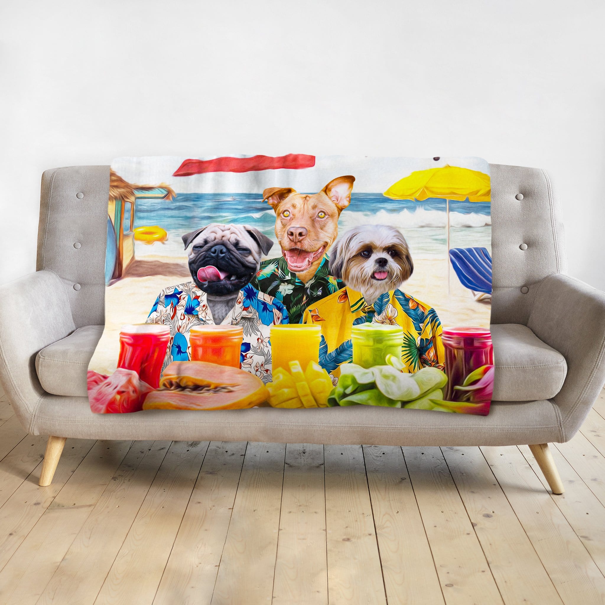 Personalized custom blanket with three dogs in Hawaiian shirts on a beach, with drinks and fruit.