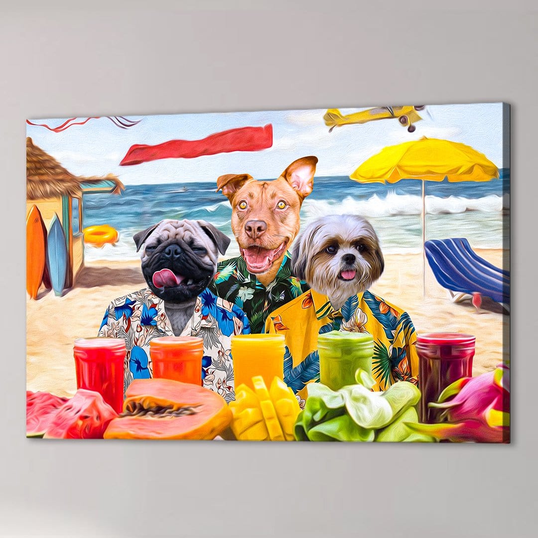 Three dogs in Hawaiian shirts on a beach canvas, with fruit and drinks in the foreground.