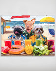 Personalized 'Beach Dogs' poster featuring three pets in Hawaiian shirts on a sandy beach with drinks and fruit.