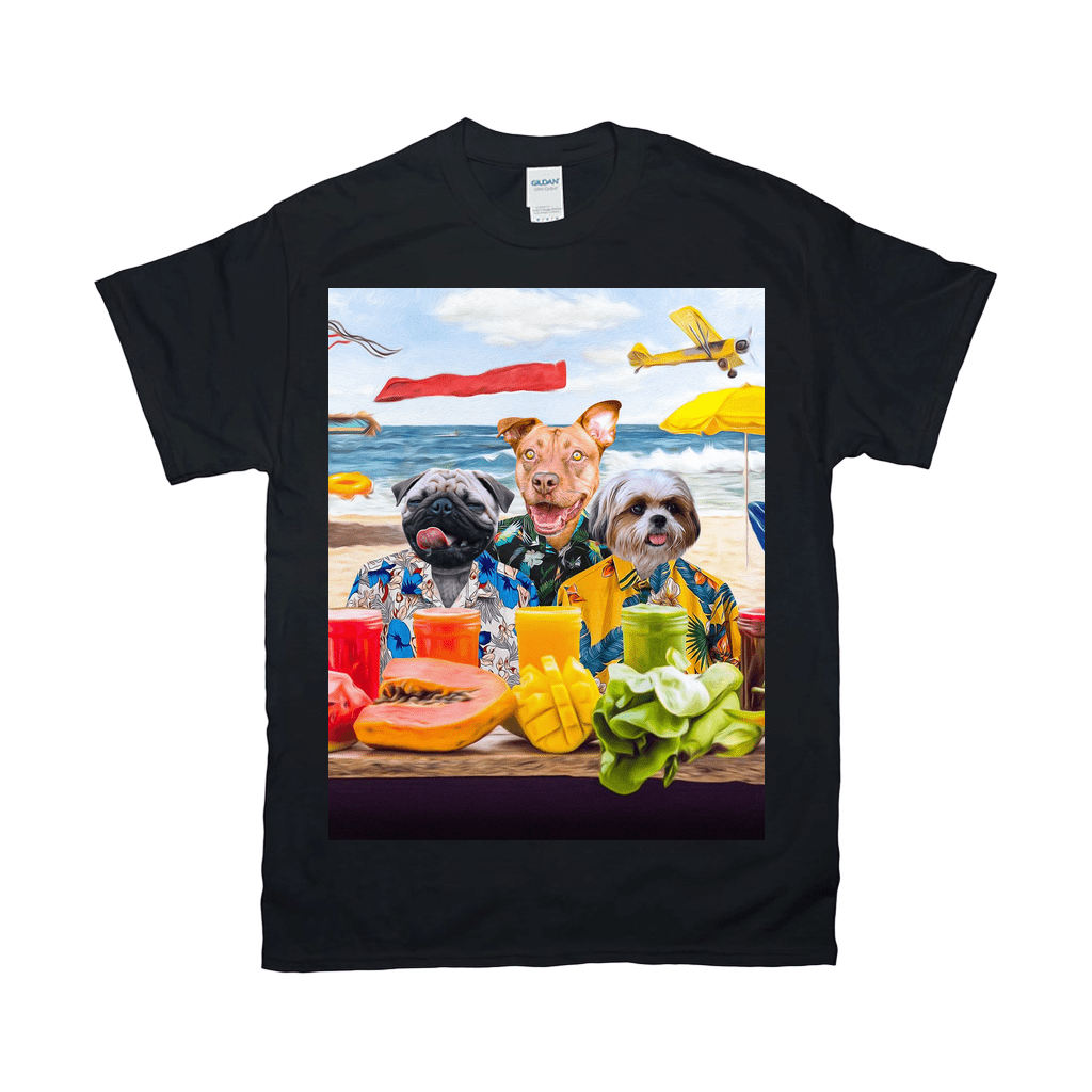 Black Gildan t-shirt with a personalized design of three dogs in Hawaiian shirts on a beach, with fruit and drinks.