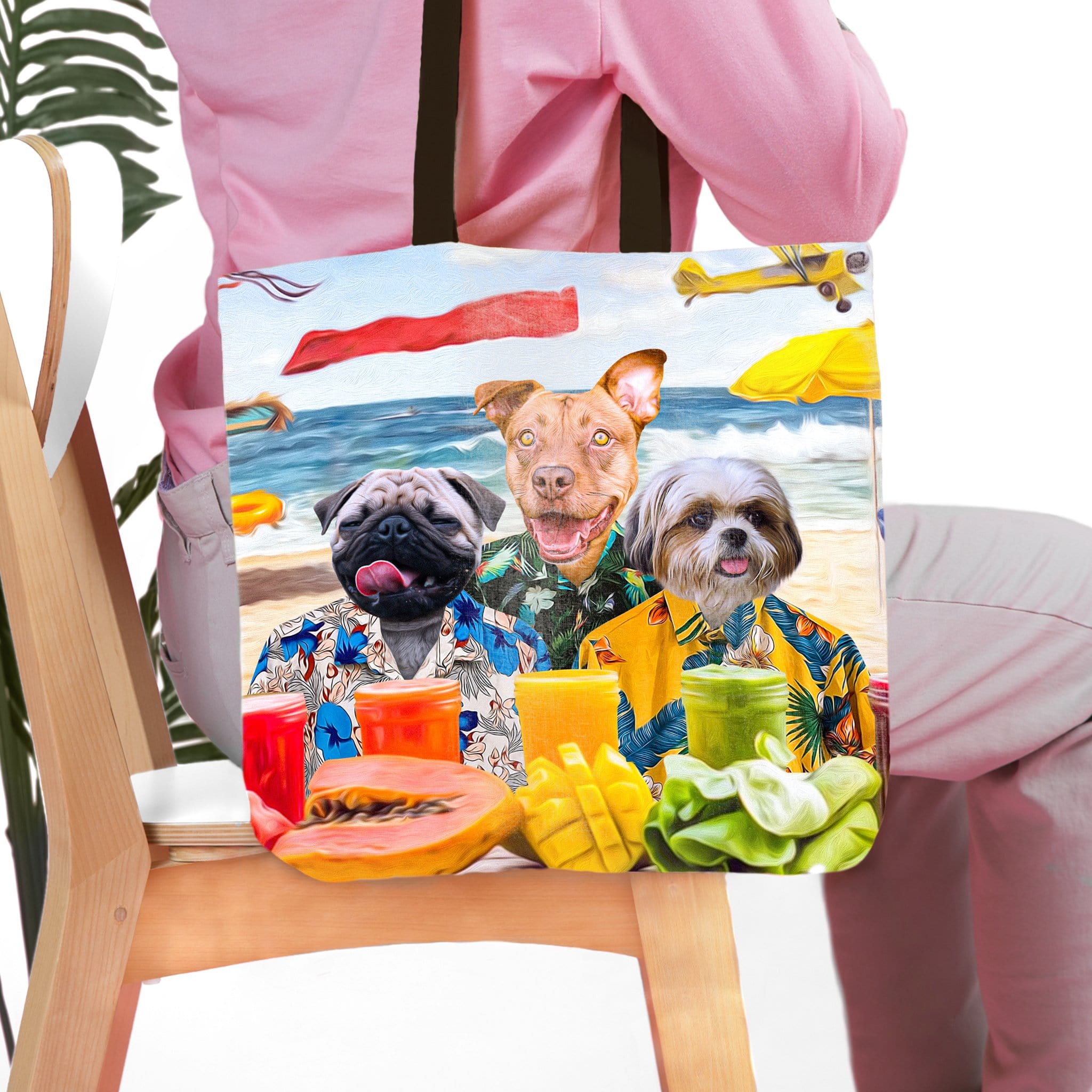 Personalized 3-pet tote bag with dogs in Hawaiian shirts on a beach, watercolor style.
