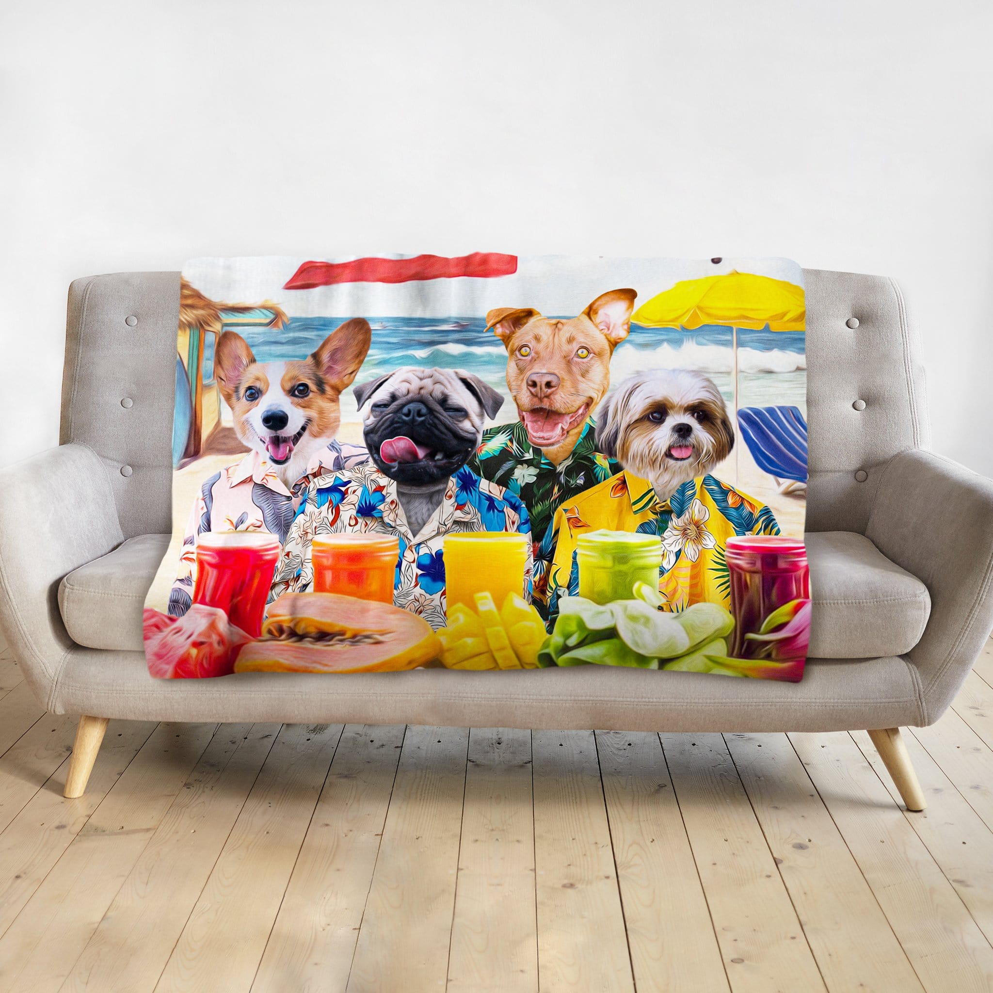 Personalized 4 pet blanket featuring dogs in Hawaiian shirts on a beach with drinks.