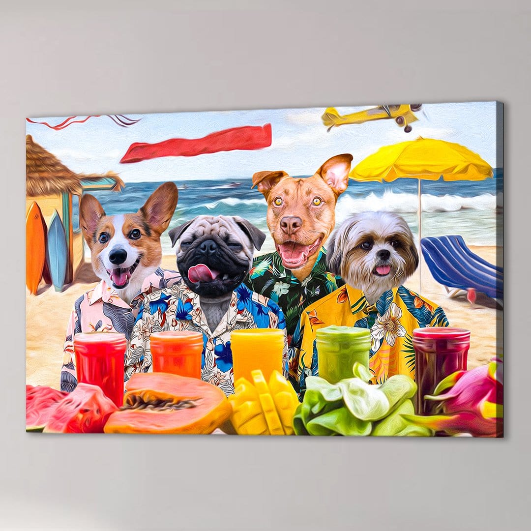 Four personalized pets, a corgi, pug, pitbull, and shih tzu, in Hawaiian shirts on a beach canvas.