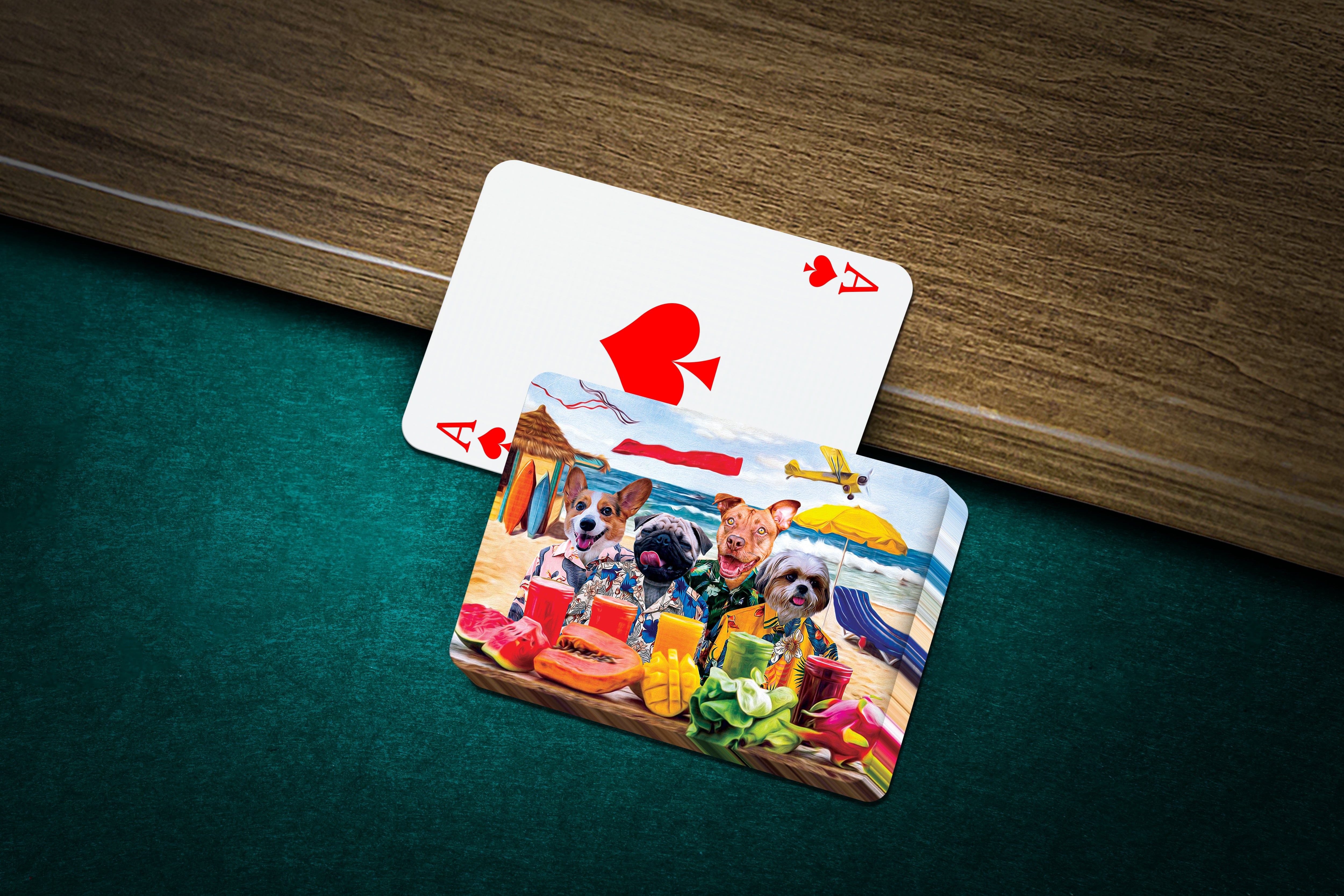 Personalized playing cards featuring four dogs in Hawaiian shirts on a beach, with an Ace of Spades card.