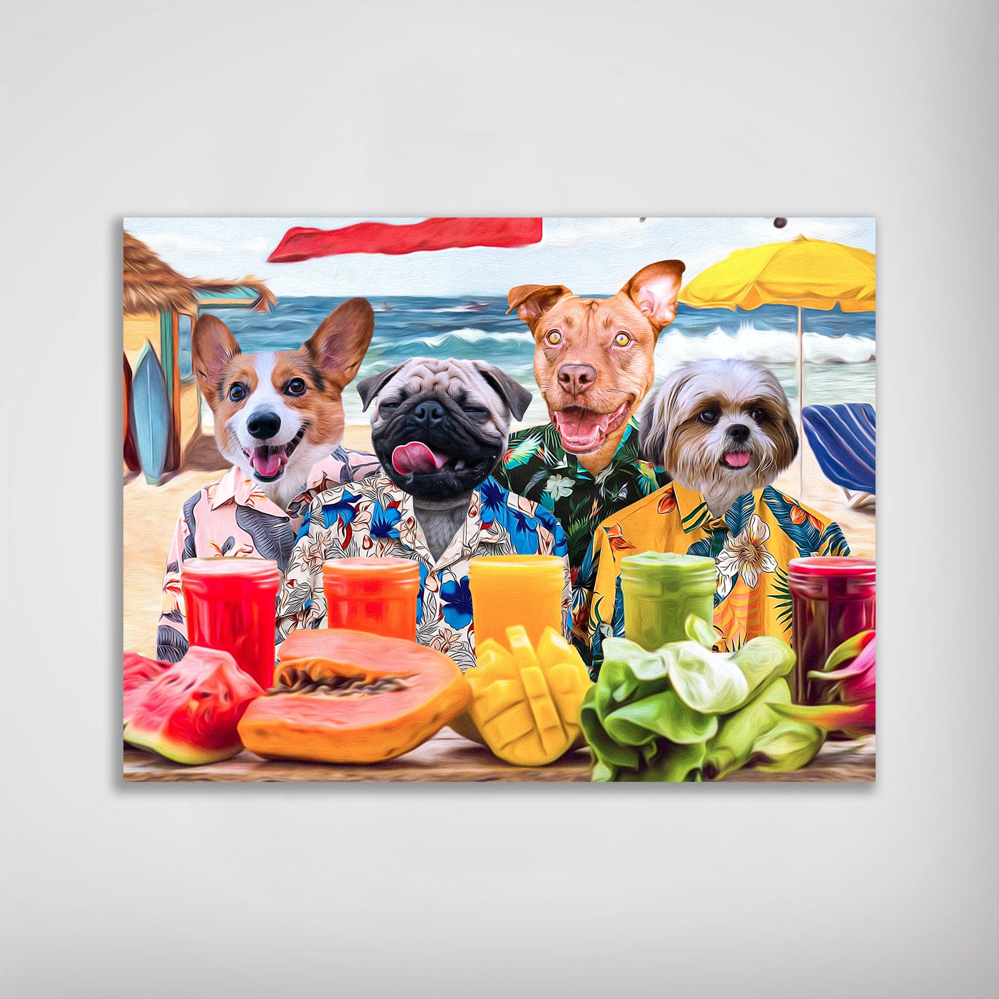 Personalized matte poster featuring four dogs in Hawaiian shirts on a beach, with tropical drinks and fruit.