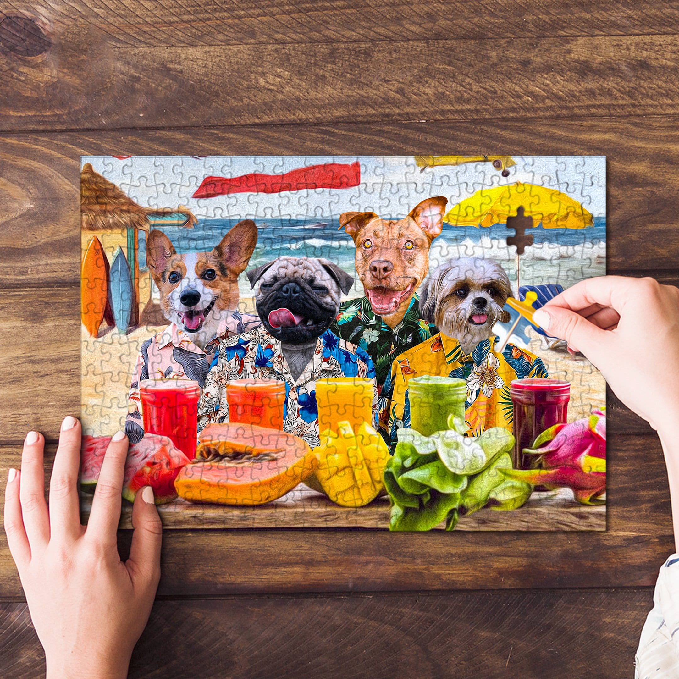 Personalized 4-pet puzzle featuring dogs in Hawaiian shirts on a beach with tropical drinks.