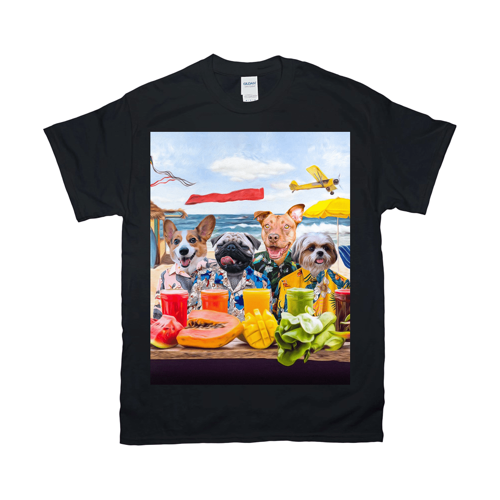 Black Gildan t-shirt with a personalized graphic of four dogs in Hawaiian shirts at a beach bar.