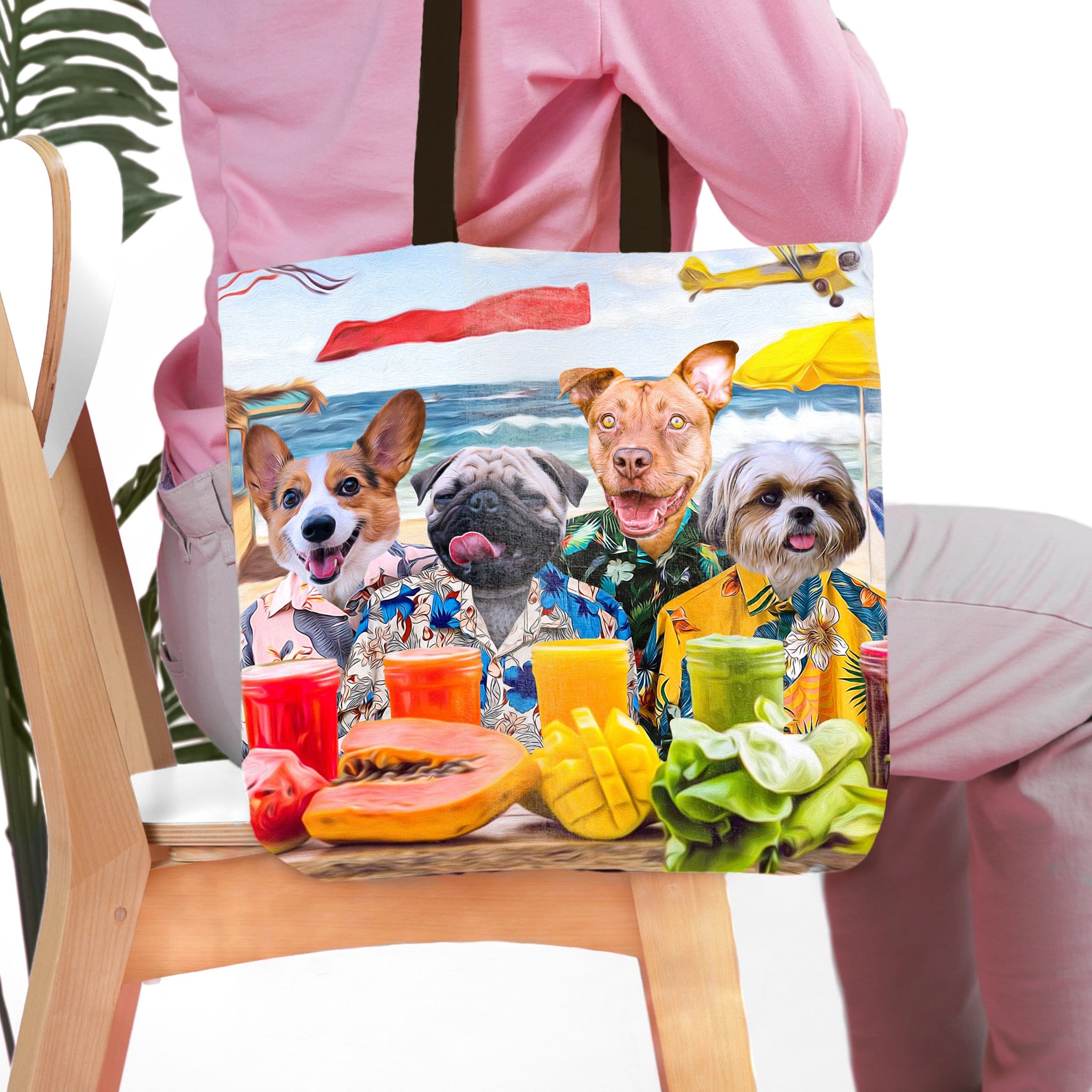 Personalized 4-pet tote bag with dogs in Hawaiian shirts on a beach, holding tropical drinks.
