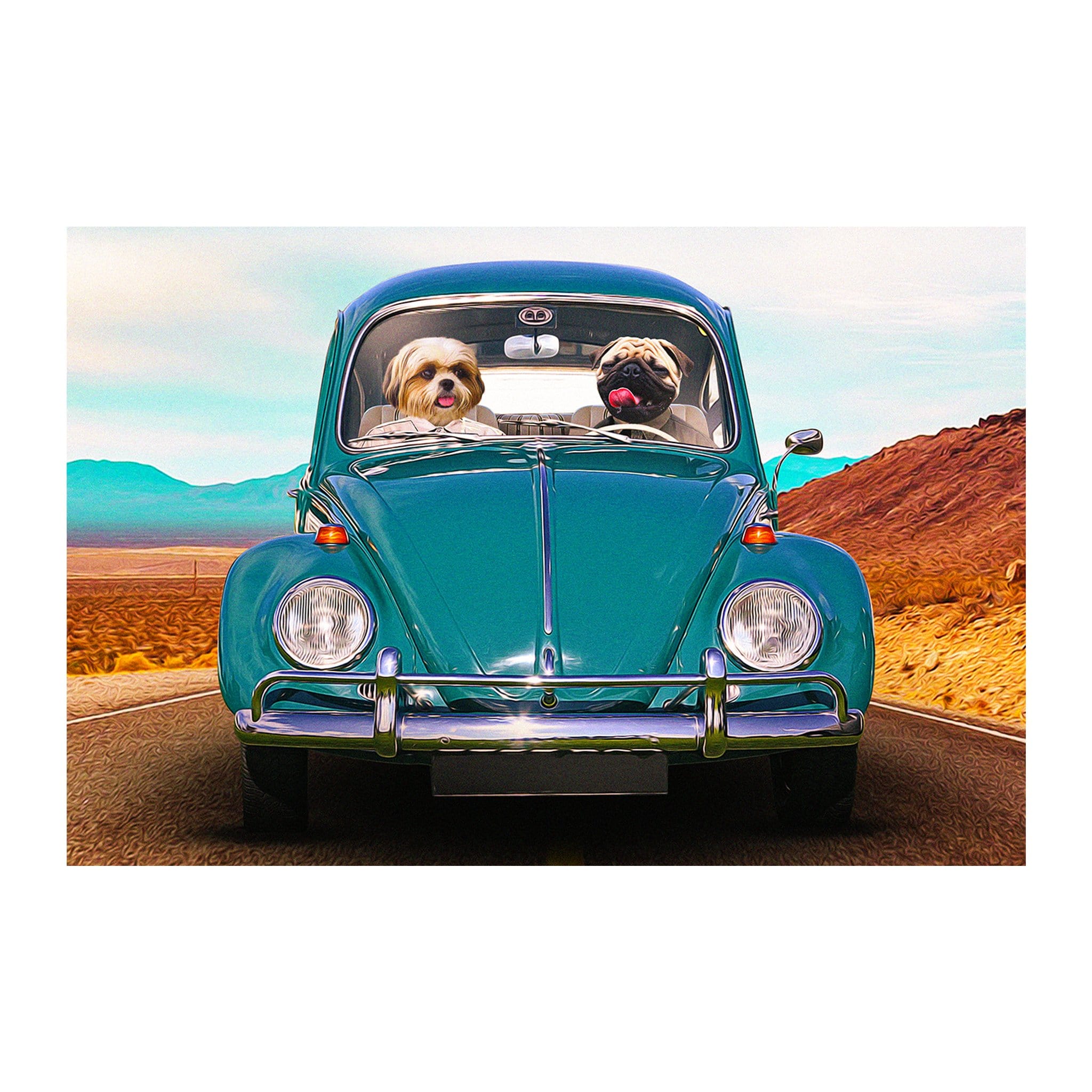 Custom digital portrait of a Shih Tzu and Pug driving a teal Volkswagen Beetle.