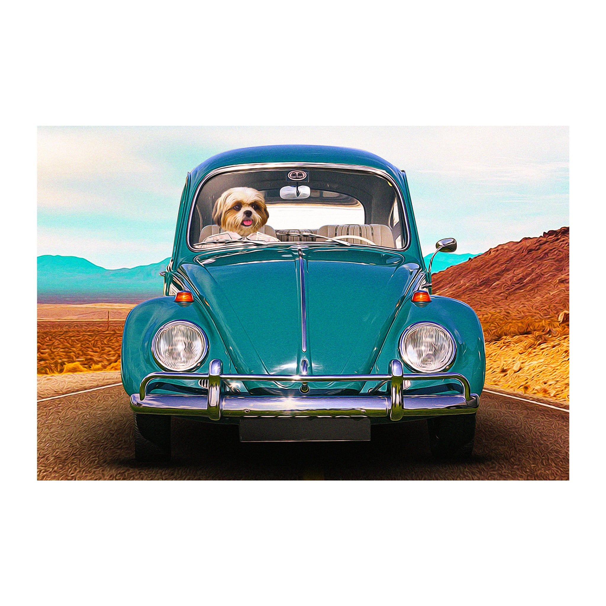 Custom digital portrait of a dog driving a teal vintage Beetle car on a desert road.