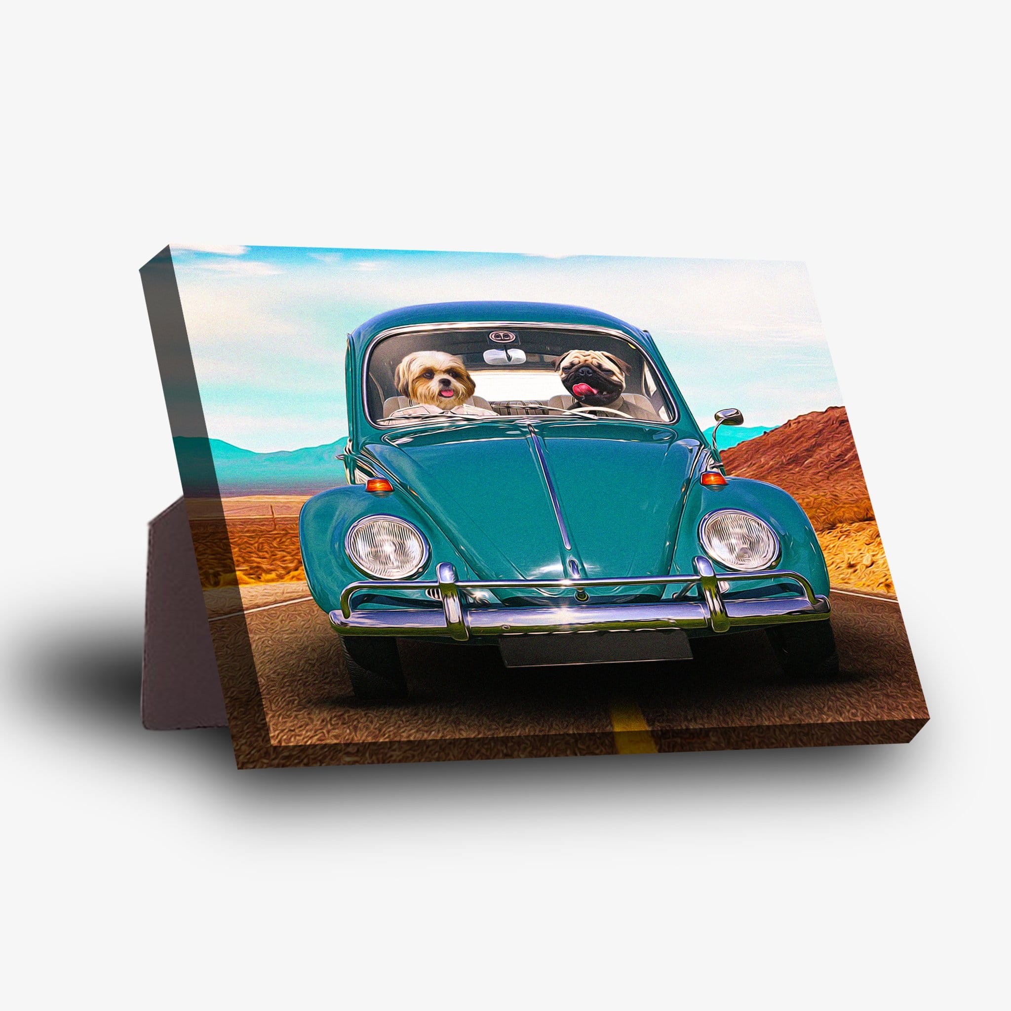 Personalized standing canvas featuring two pets in a teal vintage Beetle car on a desert road.