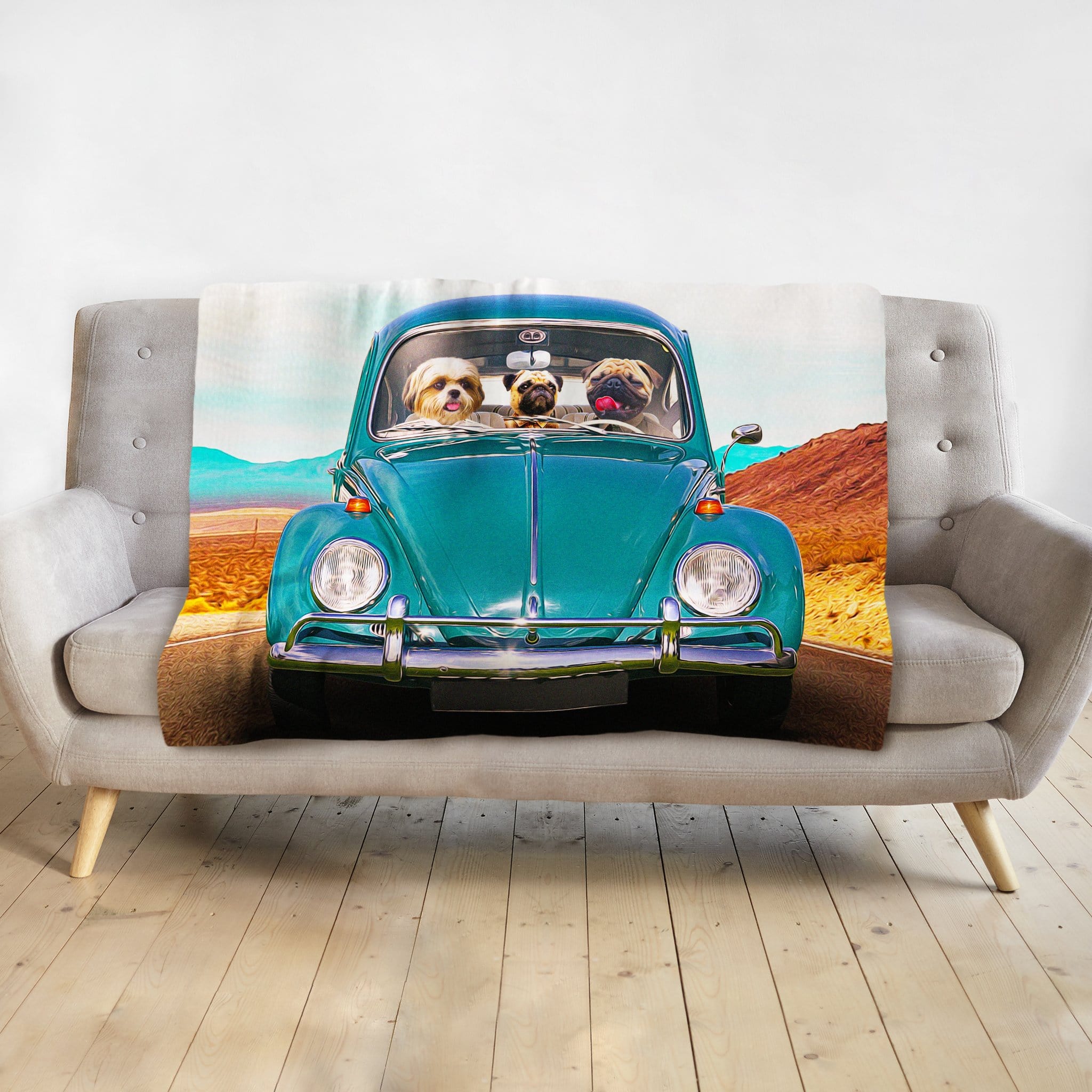Personalized 3 pet blanket with dogs in a teal Beetle car, custom portrait art.