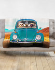 Personalized 3 pet blanket with dogs in a teal Beetle car, custom portrait art.