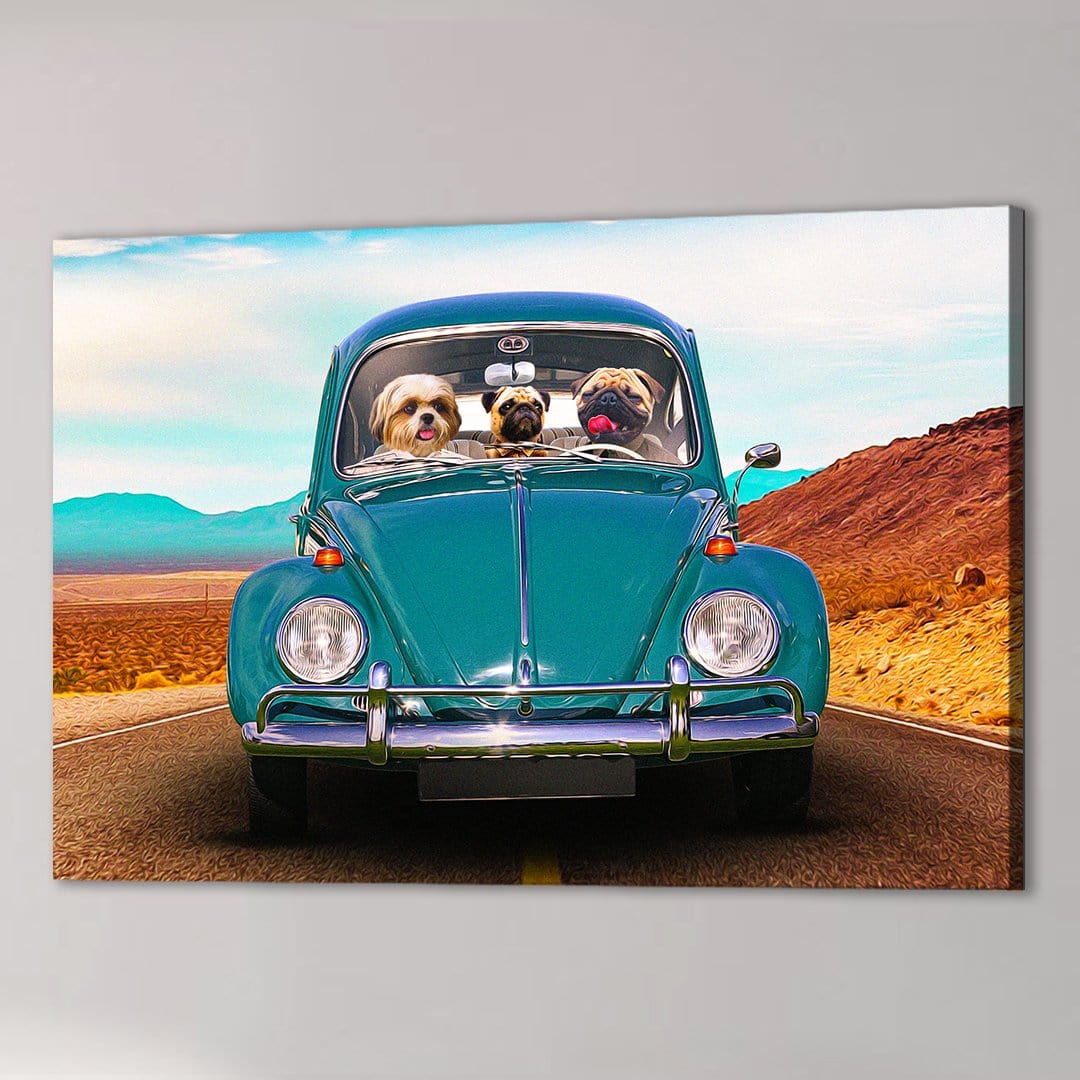Personalized canvas featuring three dogs in a teal vintage Beetle car on a desert road.
