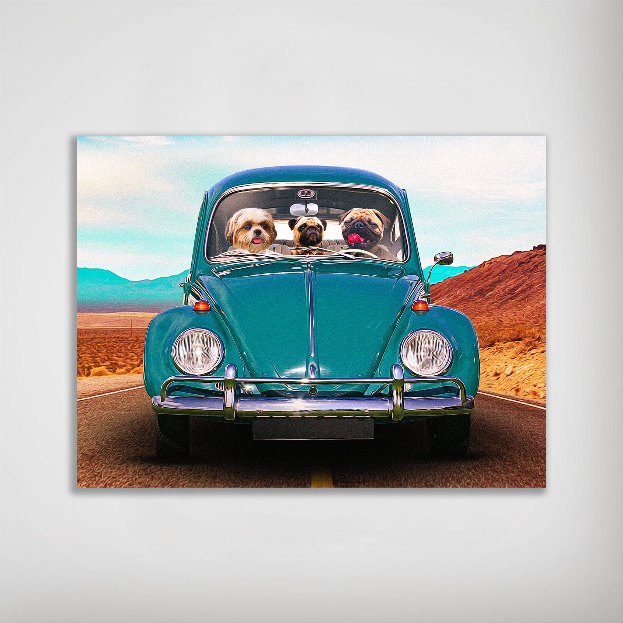 Personalized poster featuring three pets in a teal vintage Beetle car on a desert road.