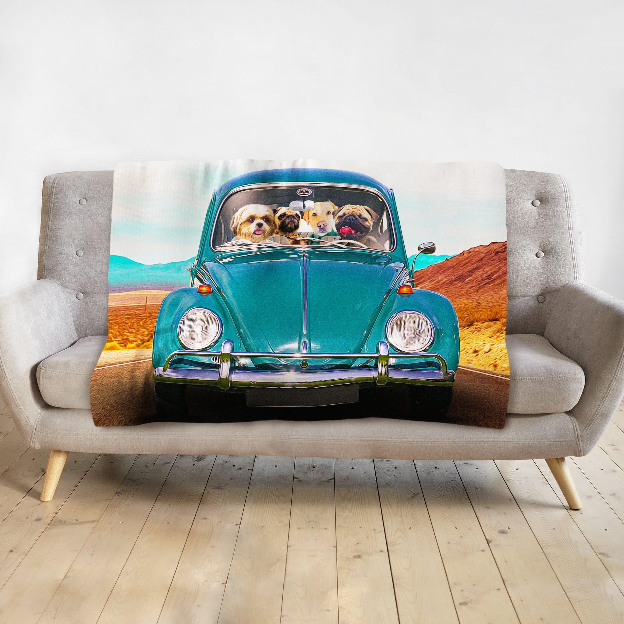 Personalized pet portrait blanket featuring four dogs in a teal vintage Beetle car.