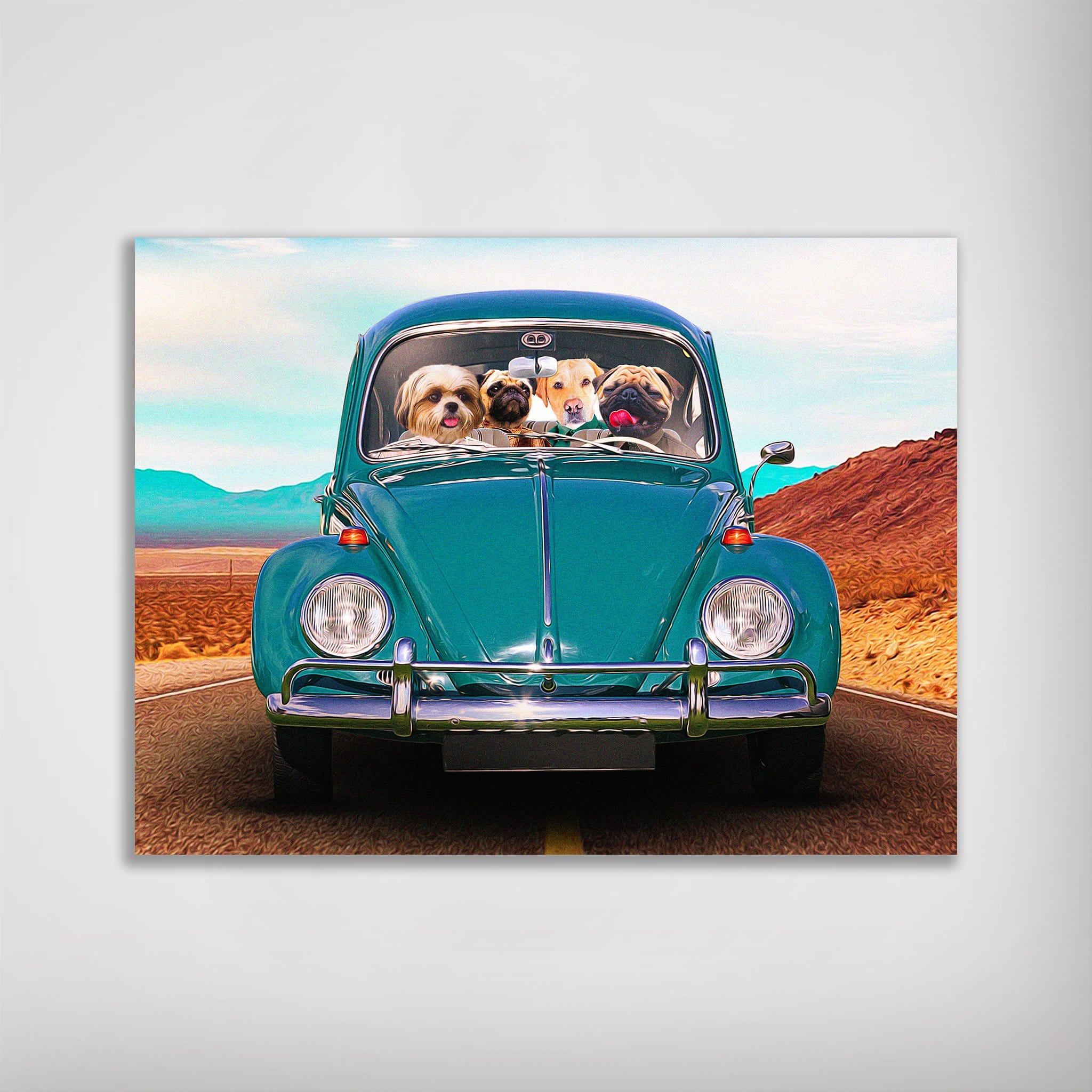 Custom personalized poster featuring four pets in a teal vintage Beetle car on a desert road.