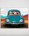 Custom personalized poster featuring four pets in a teal vintage Beetle car on a desert road.