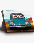 Personalized 4-pet standing canvas featuring dogs in a teal Beetle car on a desert road.
