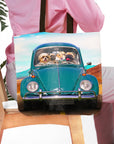 Personalized pet portrait tote bag featuring four dogs in a teal vintage car.