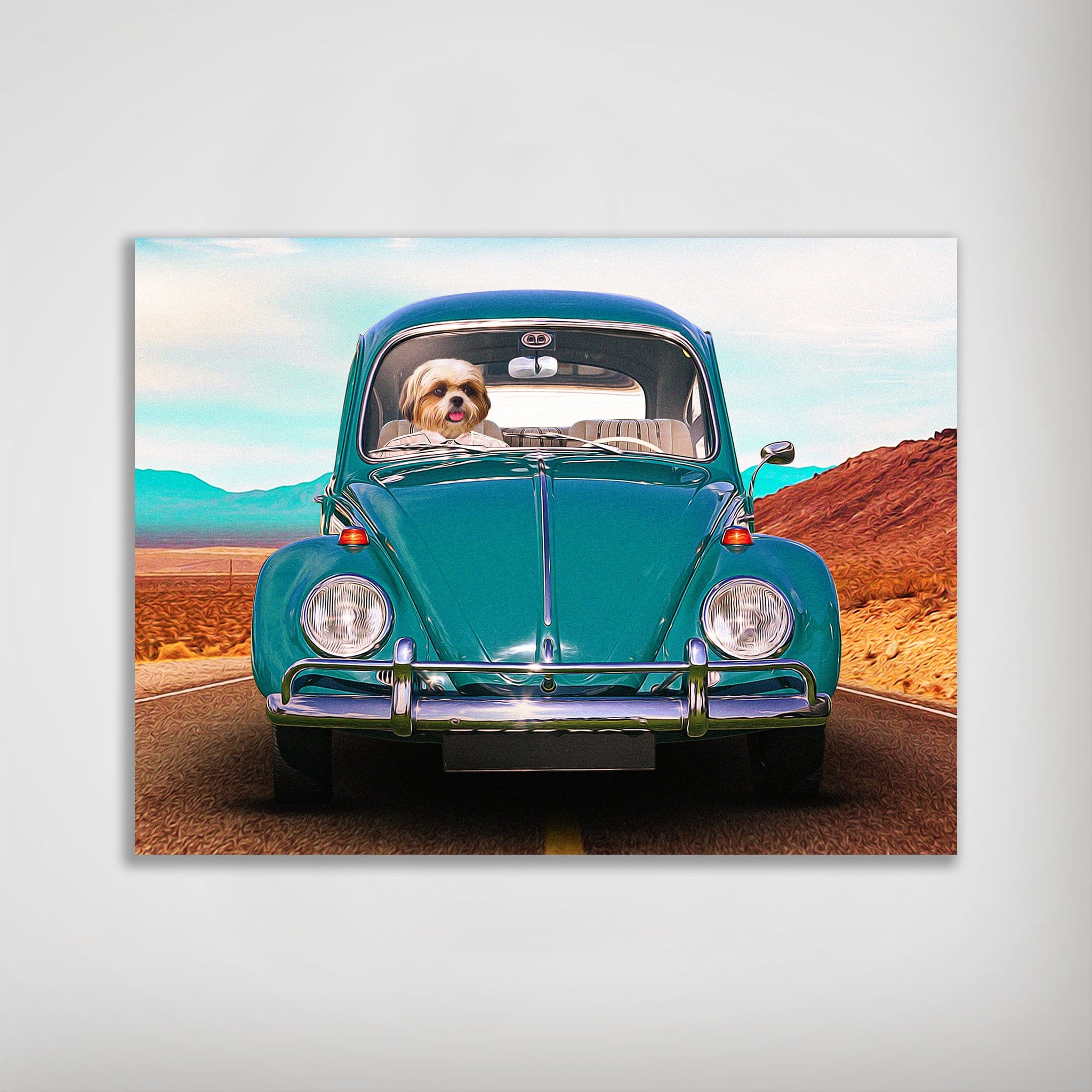 Personalized poster of a Shih Tzu dog driving a teal vintage Beetle car on a desert road.