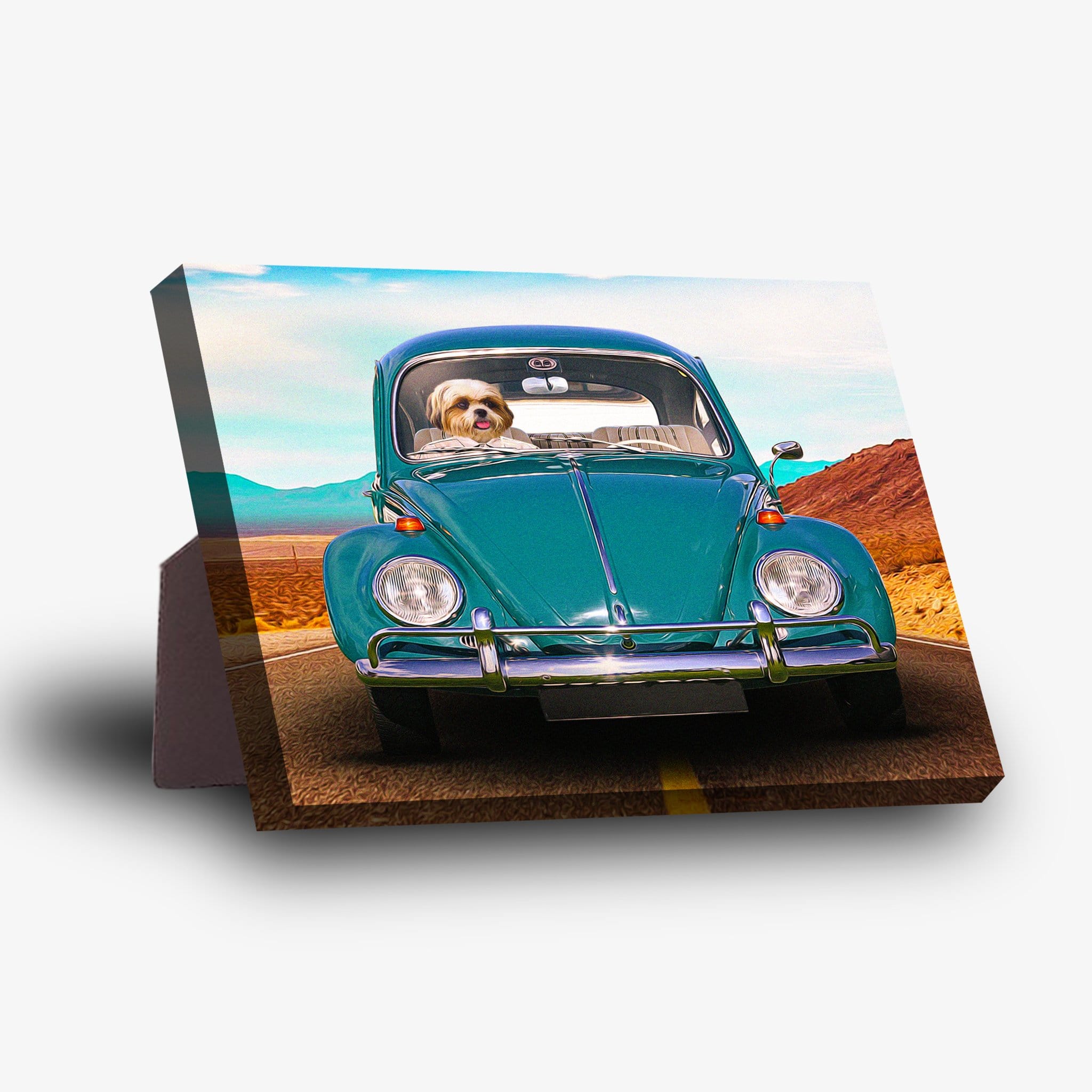 Personalized pet standing canvas featuring a white dog driving a teal vintage Beetle car on a desert road.