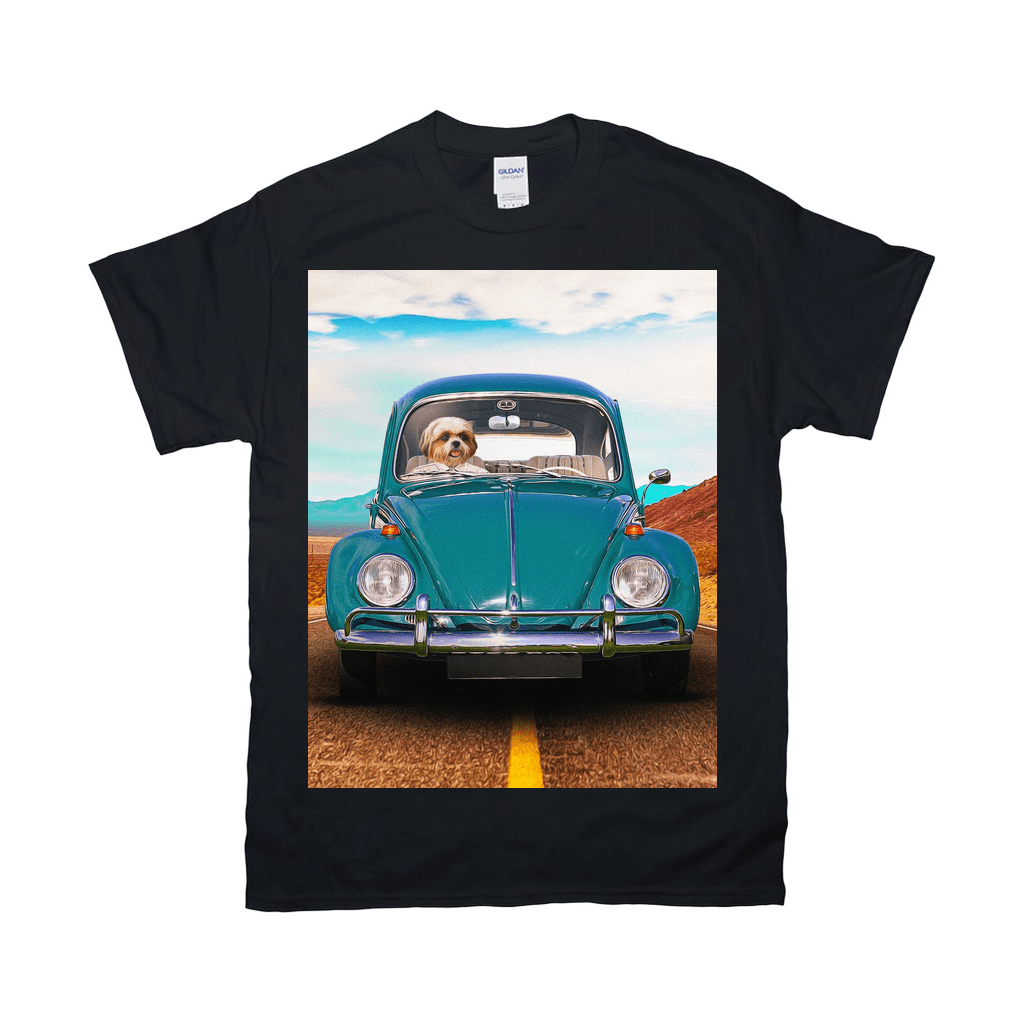 Black Gildan t-shirt with a white dog driving a teal vintage Beetle on a desert road.