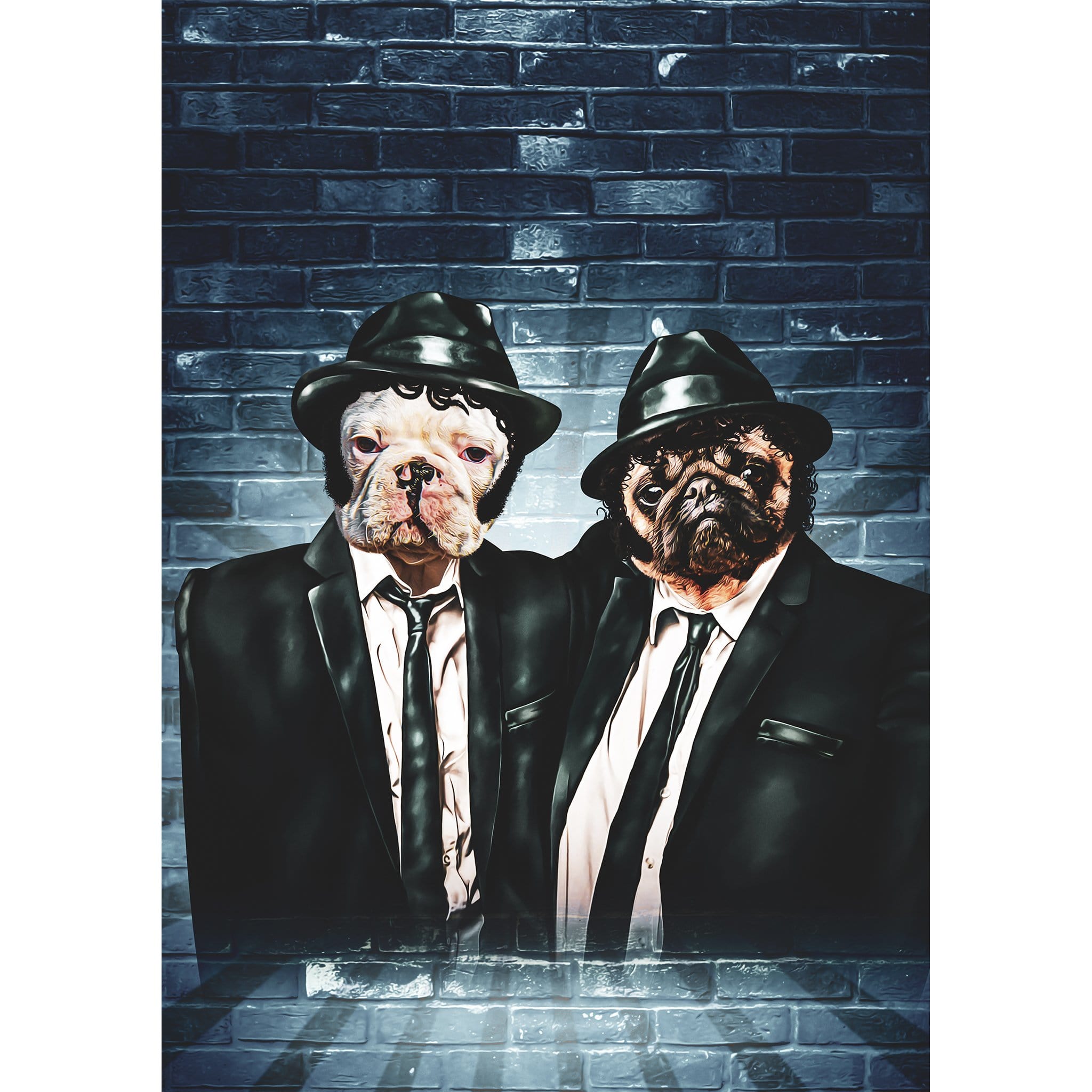Custom digital portrait of two dogs in black suits and fedoras against a brick wall.