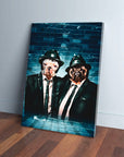 Custom "Blues Doggos" canvas featuring two pets in black suits and fedoras against a blue brick wall.