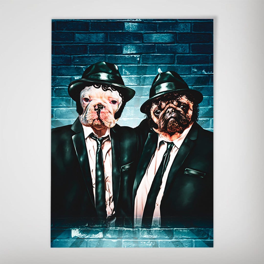 Personalized 'The Blues Doggos' poster featuring two pets dressed in black suits and fedoras against a blue brick wall.