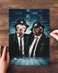 Personalized 2 pet puzzle featuring dogs in "Blues Doggos" suits against a blue brick wall.