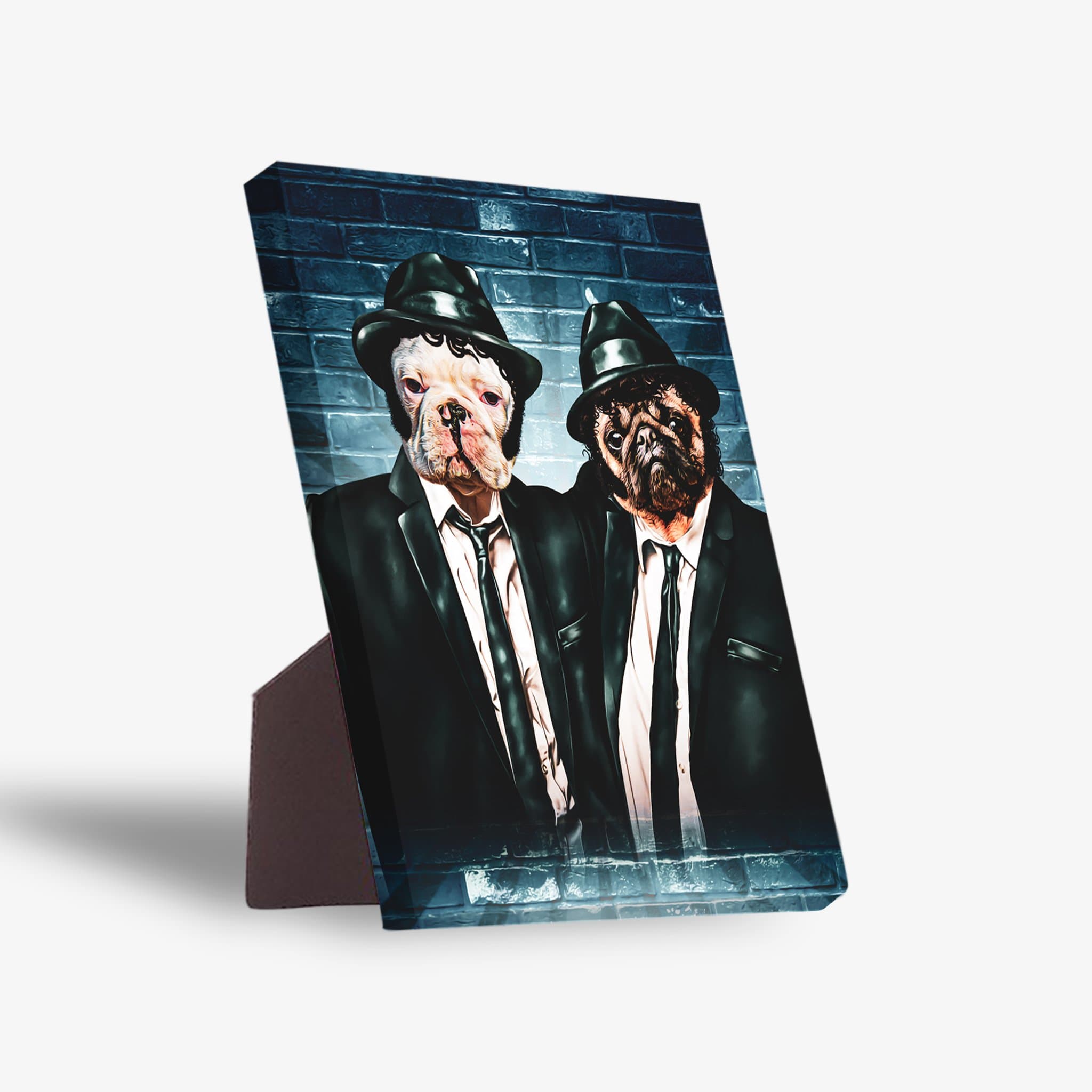 Personalized standing canvas featuring two dogs in black suits and hats against a blue brick wall.