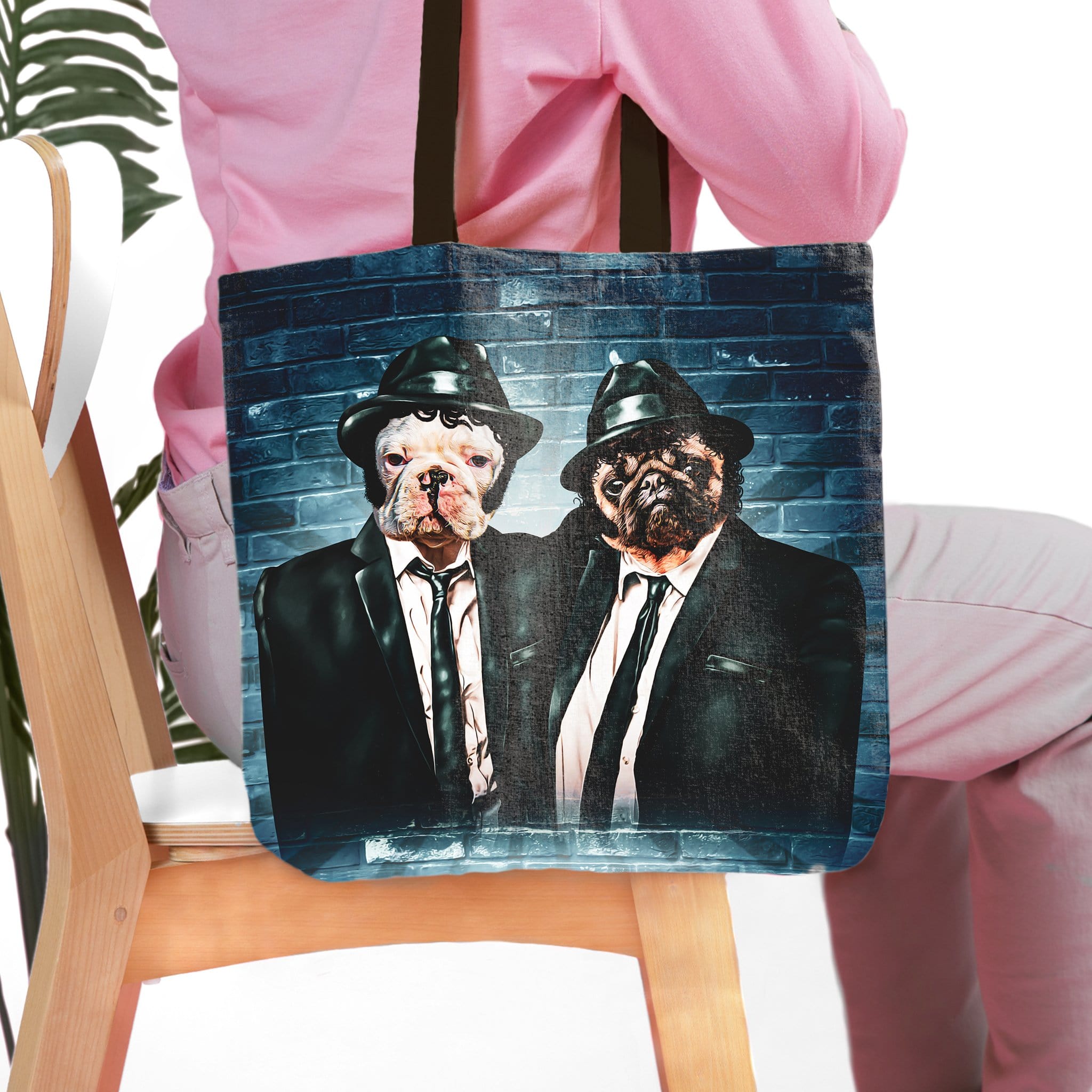 Personalized 'Blues Doggos' tote bag featuring two custom pet portraits of dogs in suits.