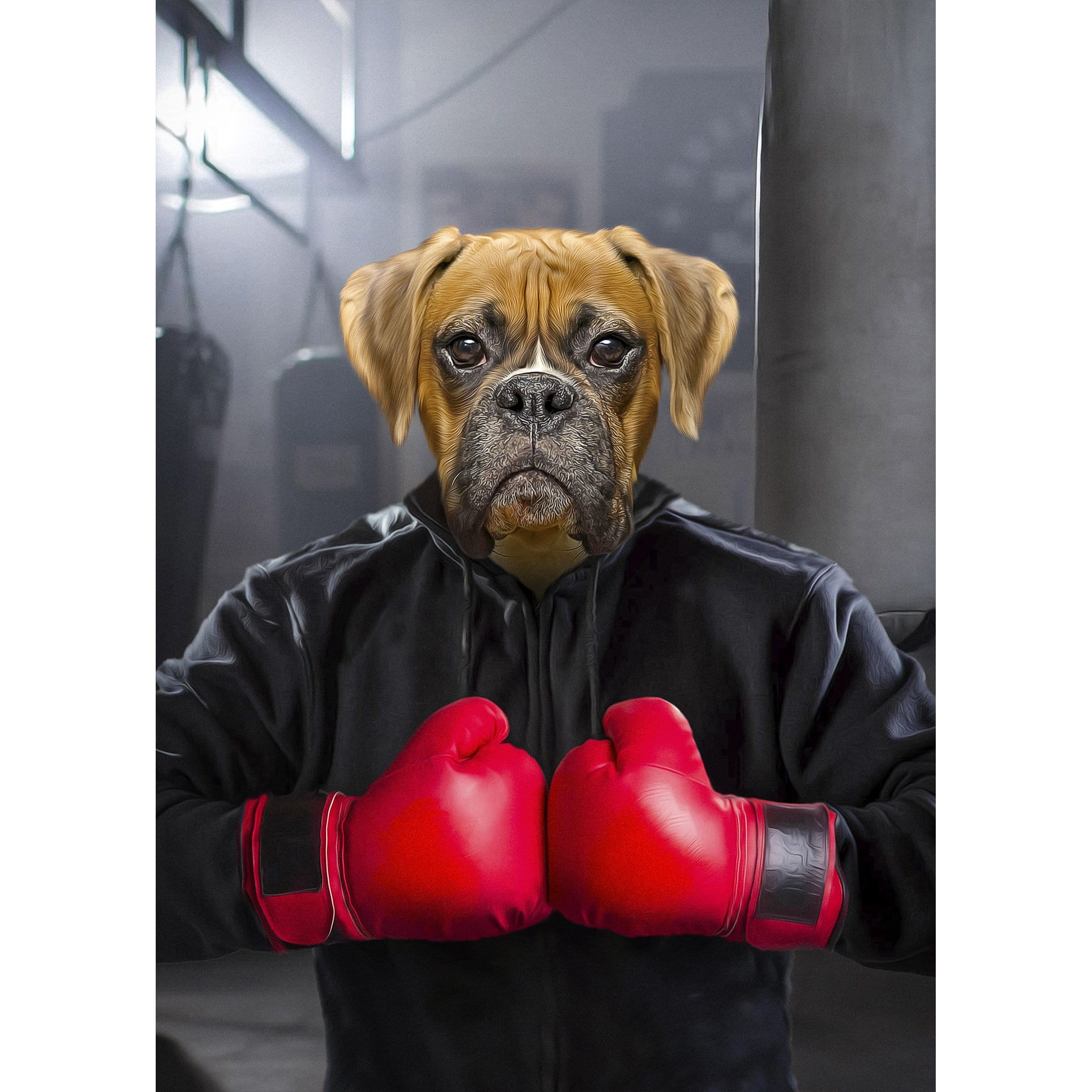 Custom digital portrait of a Boxer dog in a black hoodie and red boxing gloves.