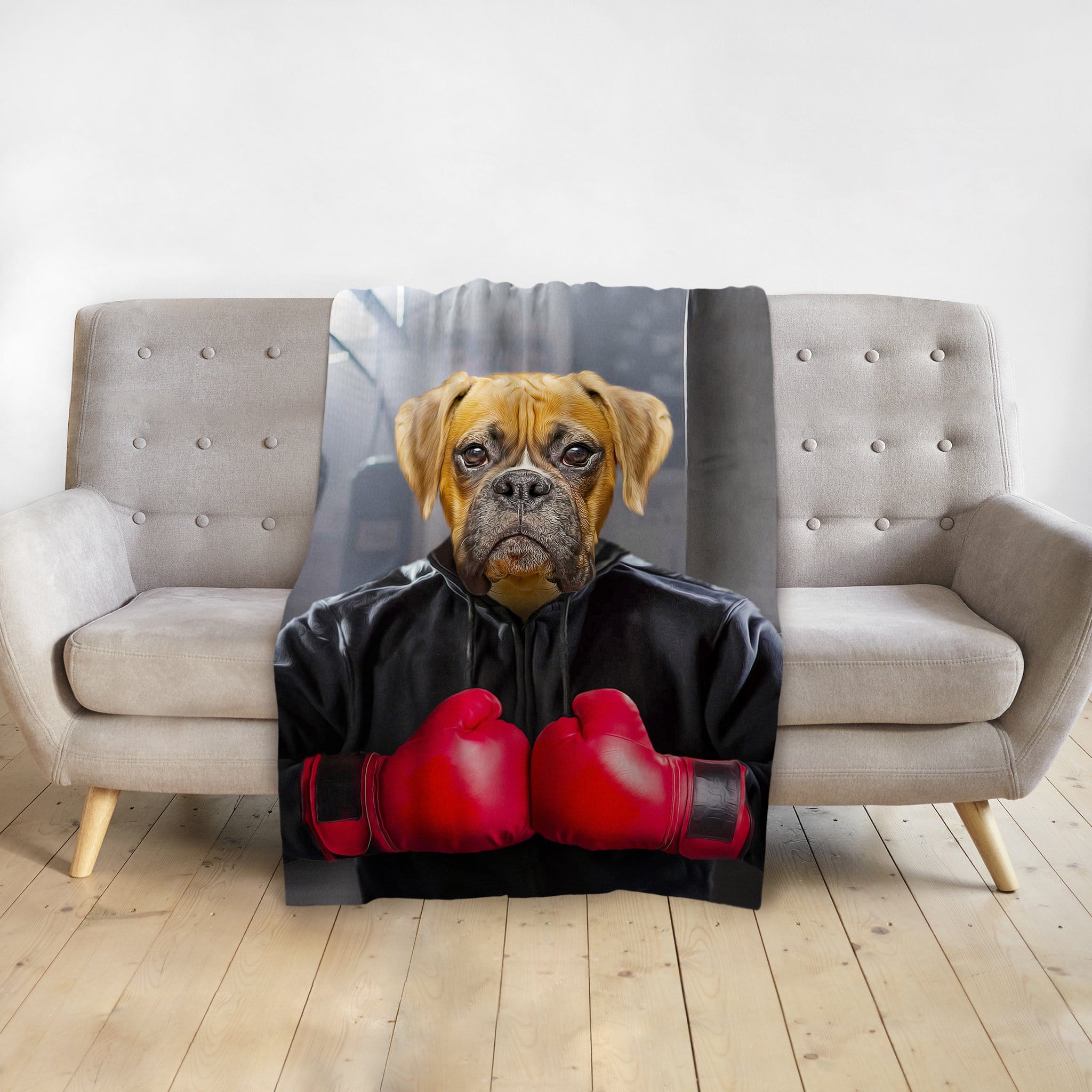 Personalized pet blanket with a Boxer dog portrait in boxing gloves and a black hoodie.