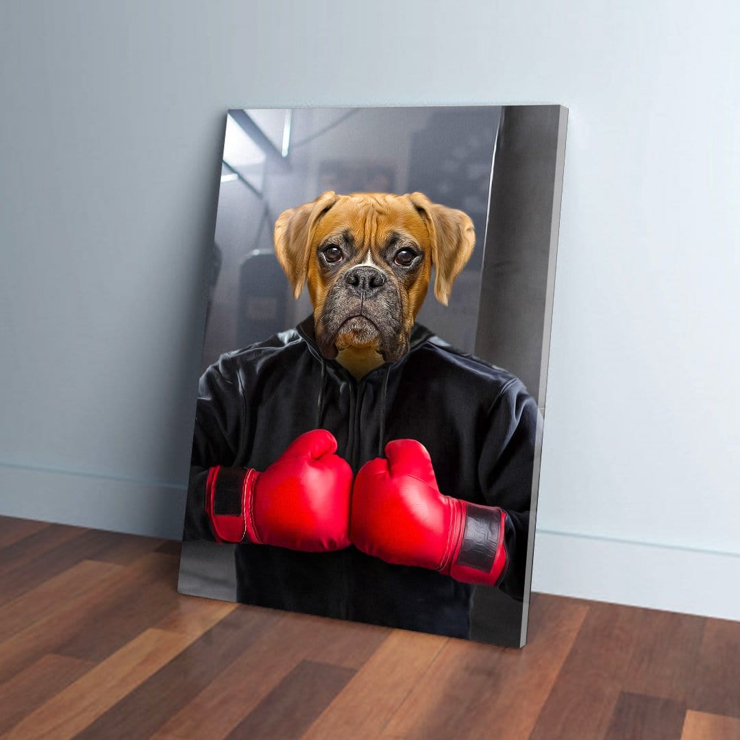 Personalized Boxer dog pet canvas in a black hoodie and red boxing gloves, leaning on a wall.