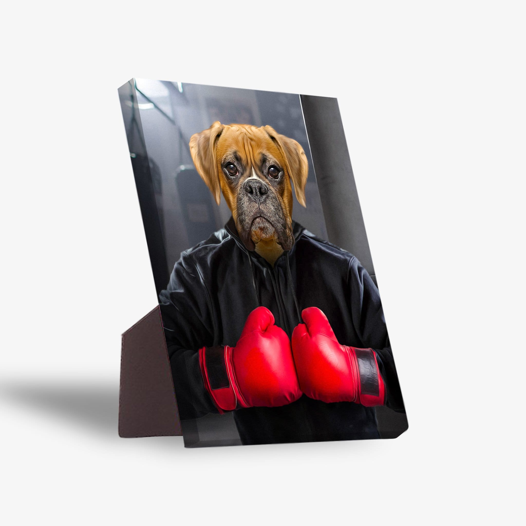 Personalized Boxer dog pet portrait on a standing canvas, featuring a dog in a black hoodie and red boxing gloves.