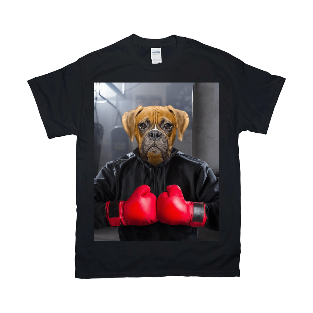 Black Gildan t-shirt with a boxer dog wearing a black hoodie and red boxing gloves.
