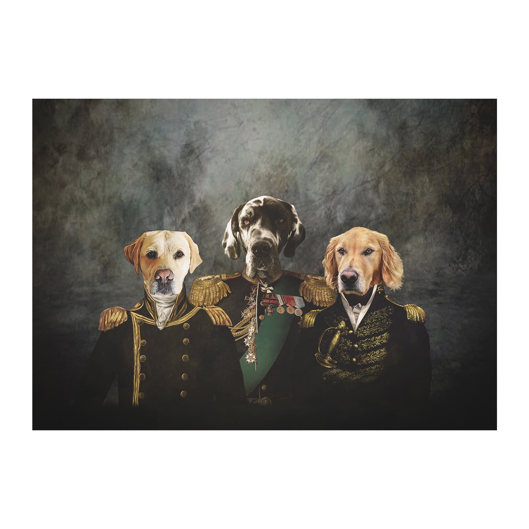 Custom digital portrait of three dogs in royal military uniforms.