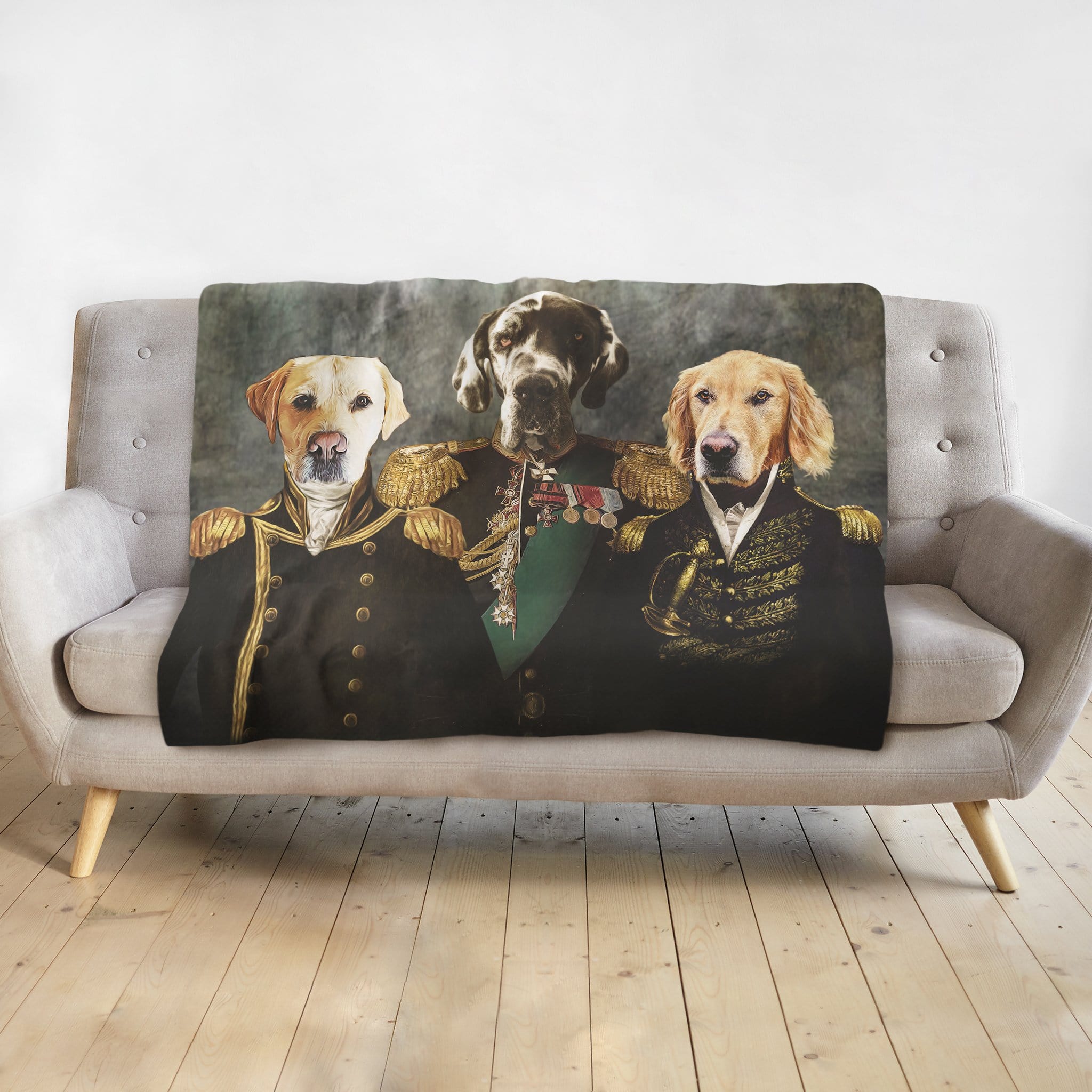 Personalized 3-pet renaissance royal portrait blanket featuring a yellow lab, German shorthaired pointer, and golden retriever.
