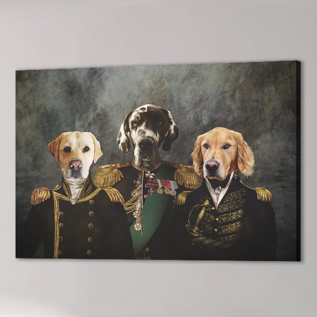 Custom "The Brigade" canvas featuring three pets as military officers in dark uniforms.