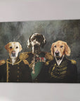 Custom "The Brigade" canvas featuring three pets as military officers in dark uniforms.