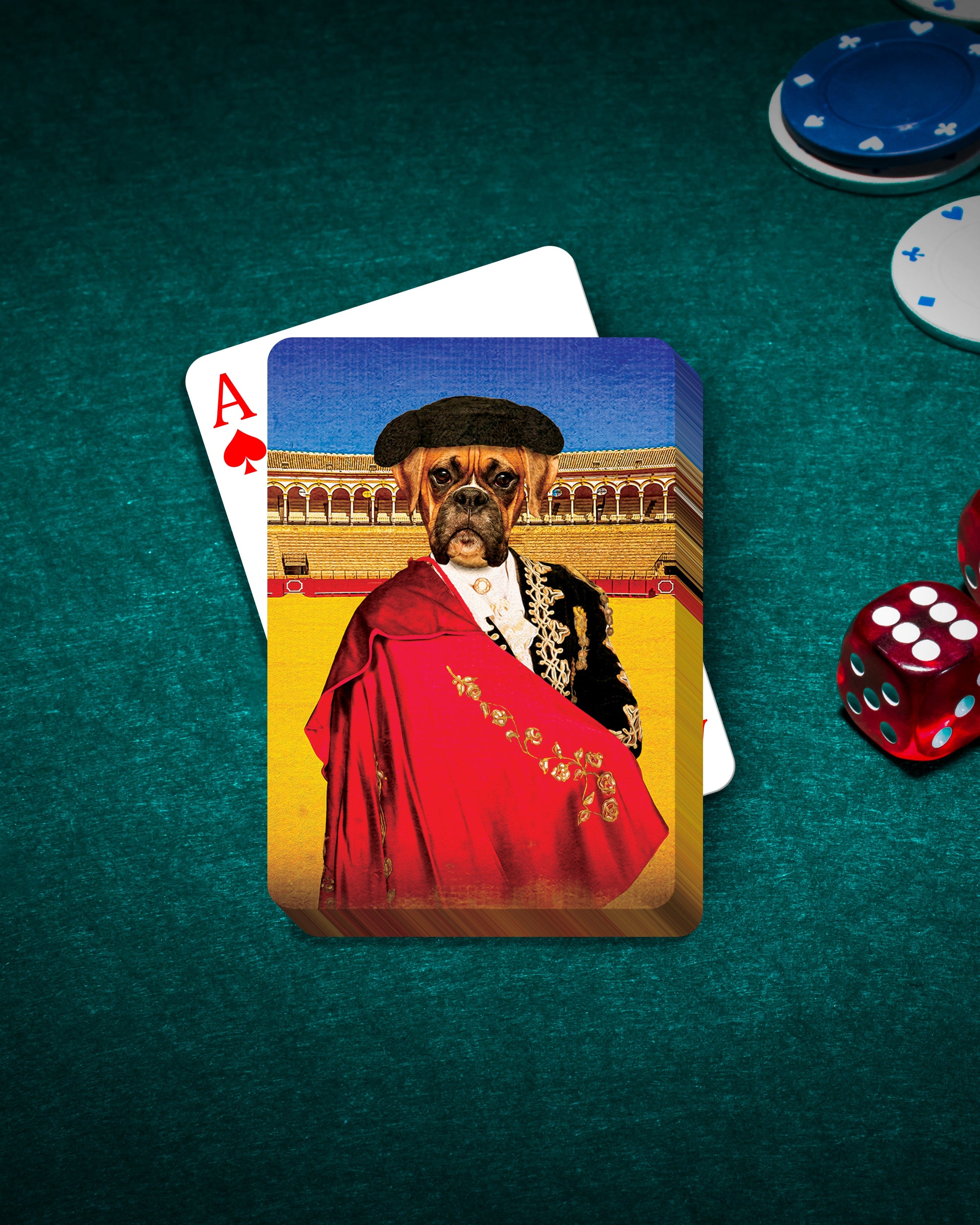 Personalized pet playing cards featuring a Boxer dog in a matador costume, on a green felt table with poker chips and dice.